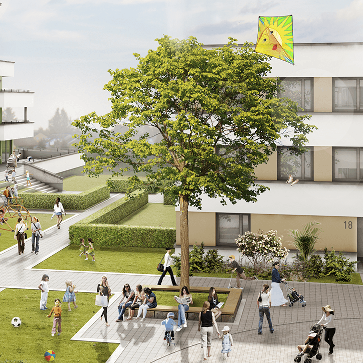 gerenderte Ansicht eines Innenhofs im Familienwohnen Bodenfeld, Göppingen
